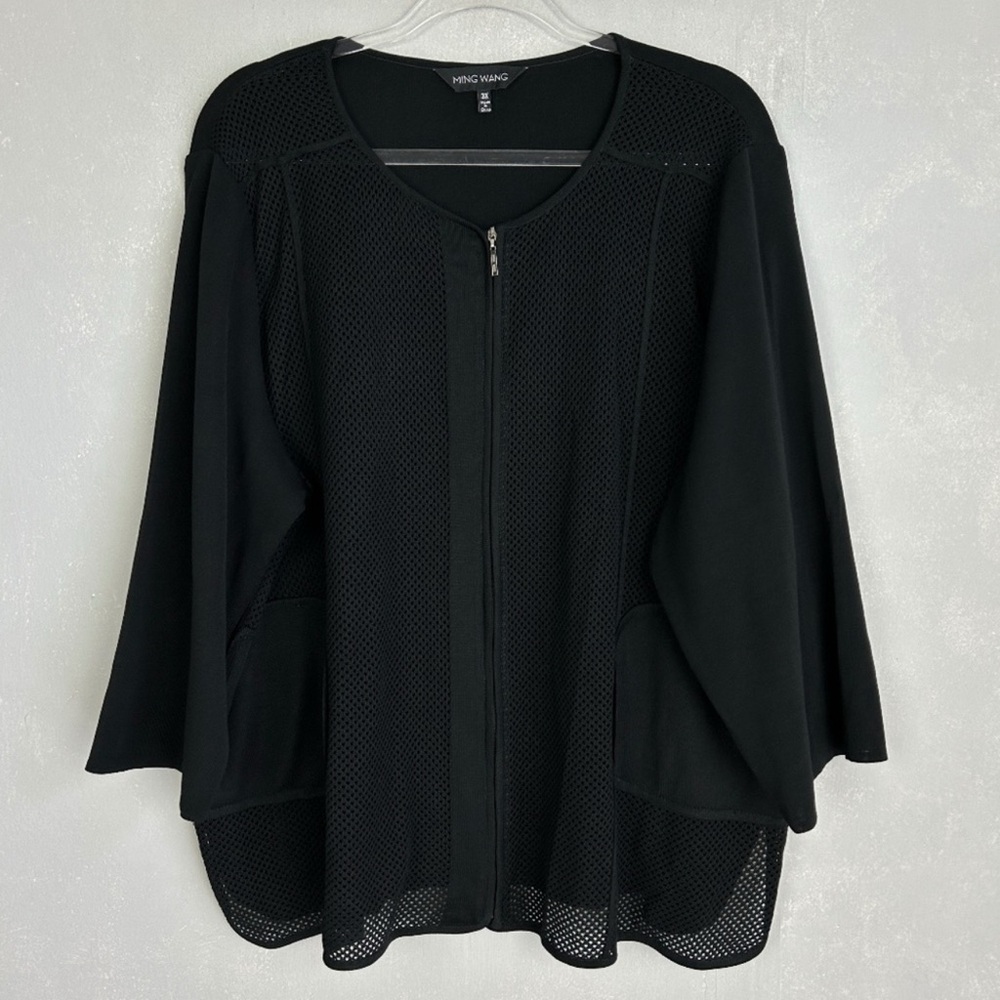 Ming Wang plus size 3X black zip up cardigan thick mesh 3/4 sleeve workwear